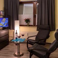 Wohn- & Schlafraum: Gemütliche Sitzecke mit Fernseher, zum Verdunklen haben wir Rolläden vor dem Fenster
